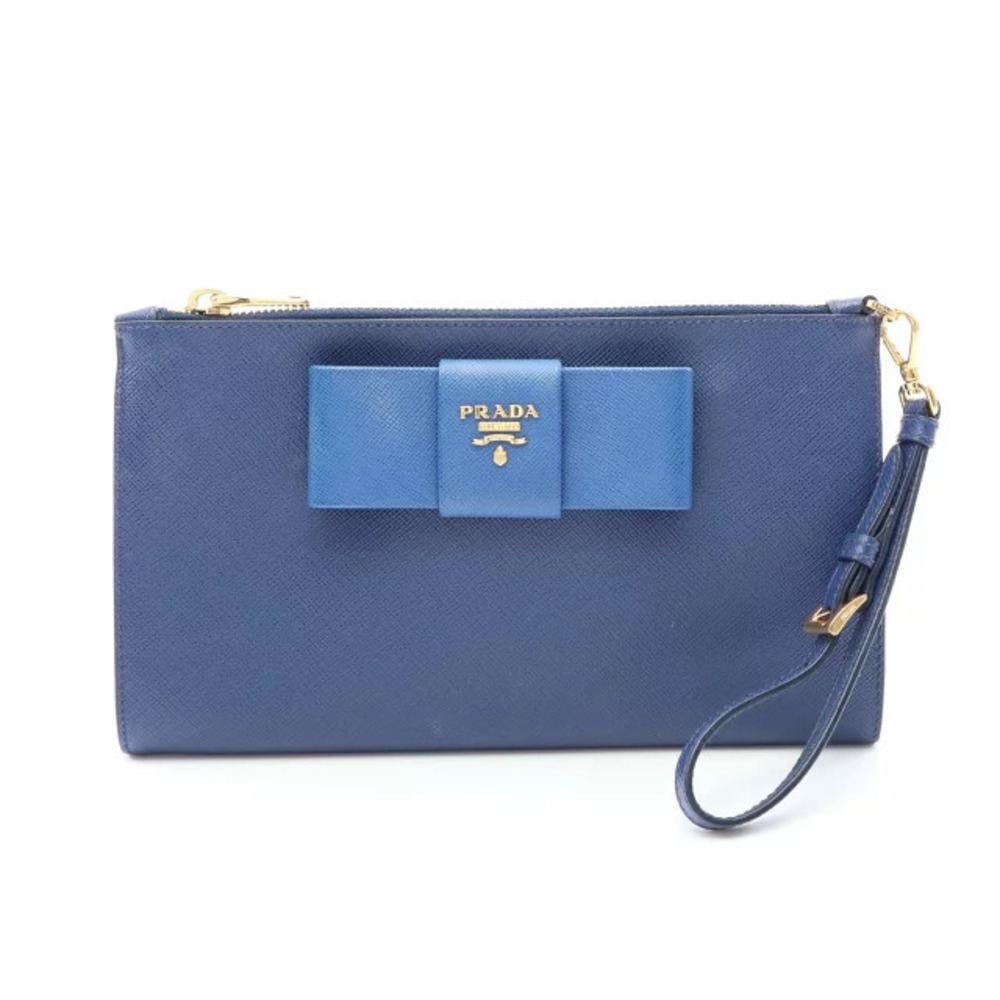 Prada Ribbon Pouch Clutch Bag Saffiano Leather Navy Blue